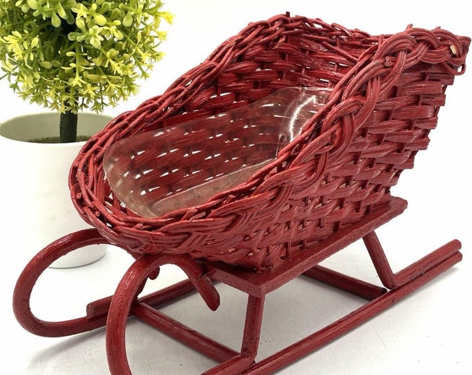 Vintage Red Wicker Christmas Sleigh Basket Plastic Liner Holiday Centerpiece