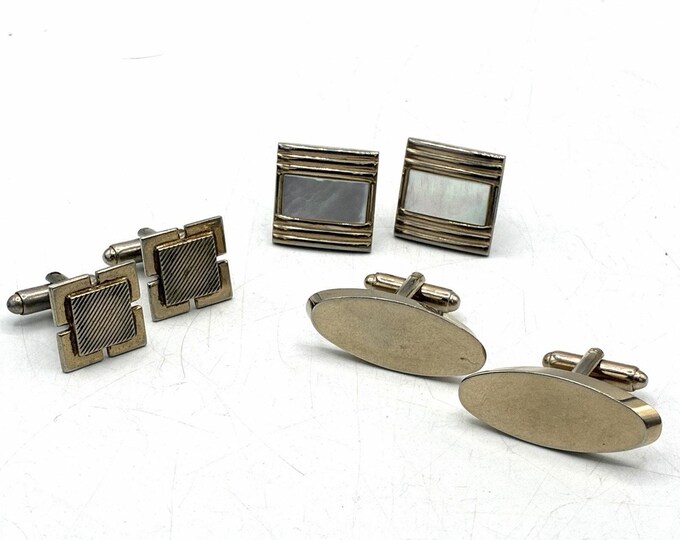 Lot 3 Pair Vintage Mens Cufflinks MOP Geometric Oval Gold Silver Tone Estate