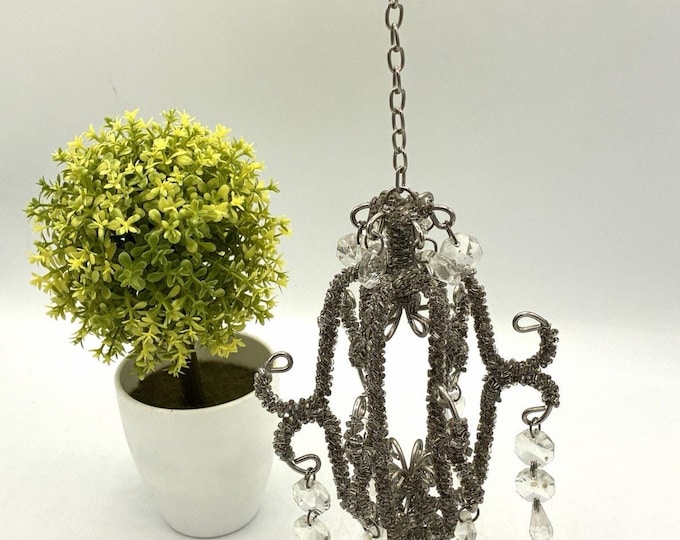Vintage Mini Chandelier Ornament, Wire & Crystal Beaded, Hanging Decor