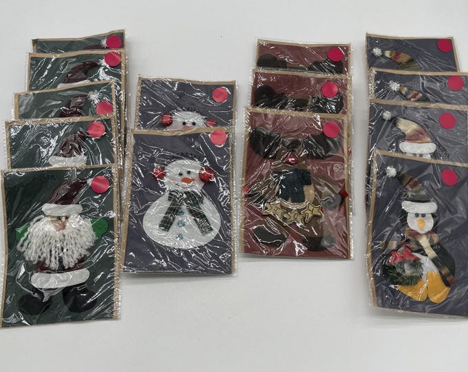 Lot Of 14 Vtg Handmade Xmas Cards Fabric Felt Santa Snowman Penguin READ
