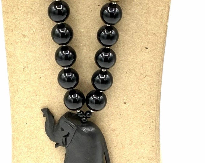 Vintage Black Bead Necklace 25” Carved Wood Elephant Pendant Gold Accent
