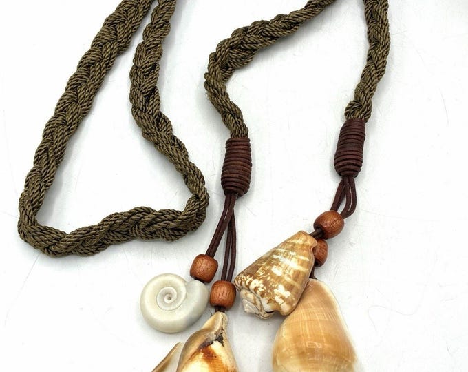 Vintage Seashell Lariat Necklace Belt 42” Braided Cord Boho Statement Shells