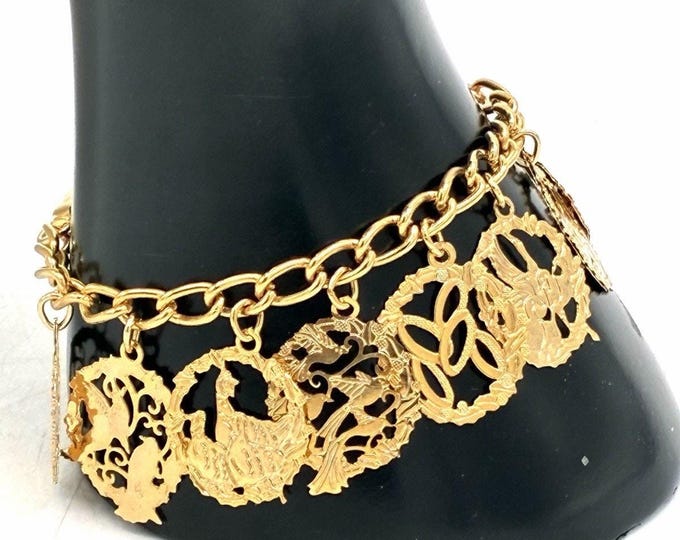 Vintage Twelve Days of Christmas Charm Bracelet Gold Tone Boxed 7” Holiday
