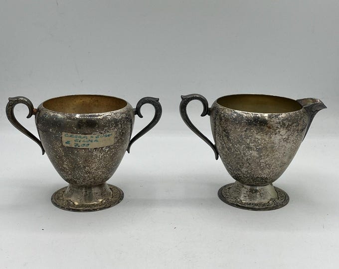 Vintage Rogers & Bro Silverplate Creamer Sugar Bowl Set Ornate Footed Patina