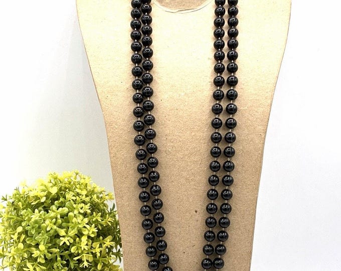 Vintage Long Black Beaded Necklace 48” Double Strand Faux Jet Costume Jewelry