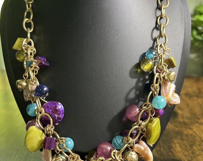 Carol Dauplaise Signed Chunky Charm Necklace Mixed Stone Lucite Gold Tone Tagged