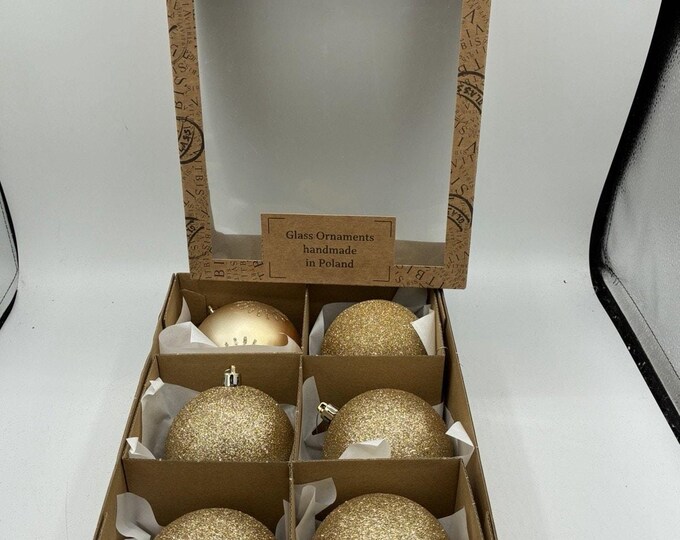 Vitbis Poland Glass Christmas Ornaments Set/6 Gold Glitter Handmade