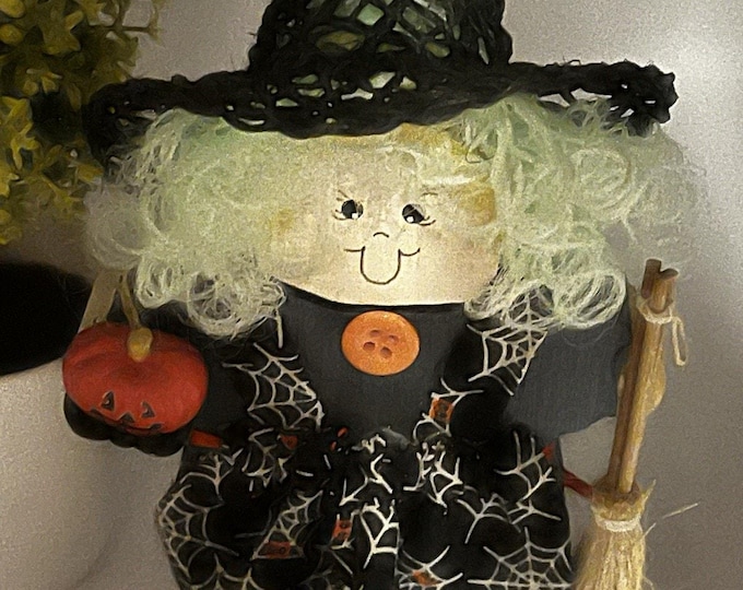 Handmade Folk Art Halloween Witch – Wood Body Glow Hair Primitive 9” Figurine