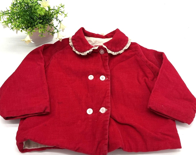 Vintage Toddler Red Corduroy Coat – Lace Trim Collar Baby Outerwear (9-12 Months)