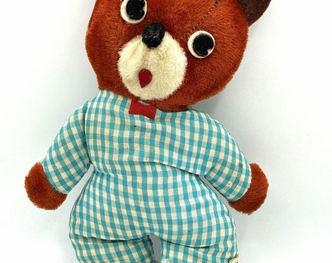 Vintage Yoski Pet Bear 11” Japan Blue Gingham Plush Stuffed Toy 1950s 60s