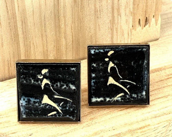 Vintage Enamel Cufflinks Figural Nude Woman Mid Century Modernist Studio Art
