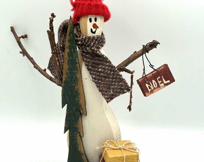 Handmade Folk Art Wood Snowman Figure Primitive Farmhouse Christmas Decor 12 In
