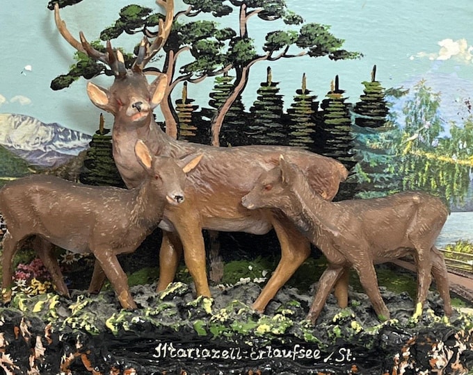 Vintage Austrian Wood Slice Deer Scene – 3D Forest Art