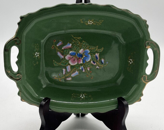 Vintage Hand‑Painted Green Double‑Handled Tray – Floral Scalloped Vanity Dish – Signed Decorative Bow