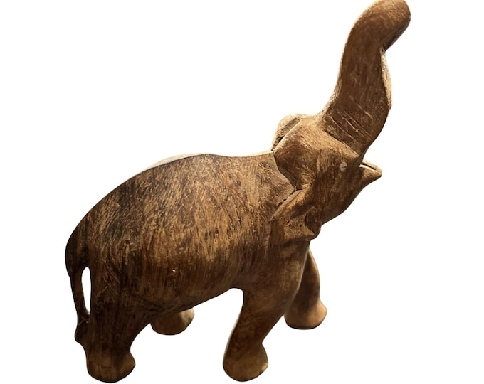 Vintage Hand Carved Wood Asian Elephant Figurine Trunk Up Brown 4x3.25"