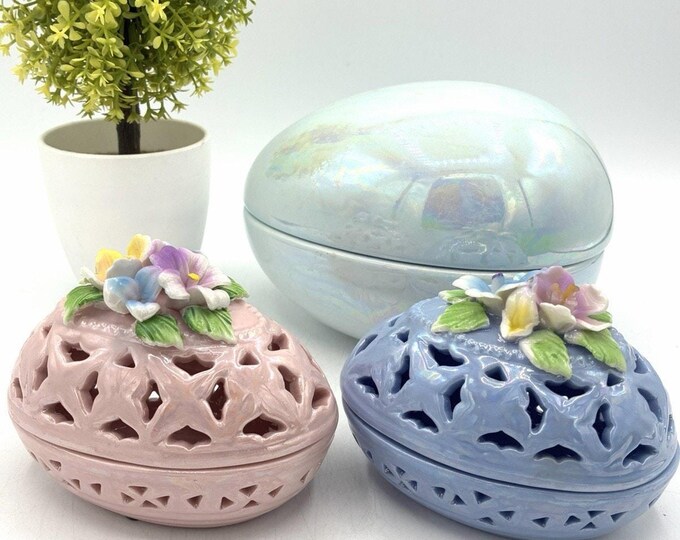 Lot 3 Ceramic Easter Egg Trinket Boxes Iridescent Floral Pierced Pastel Decor
