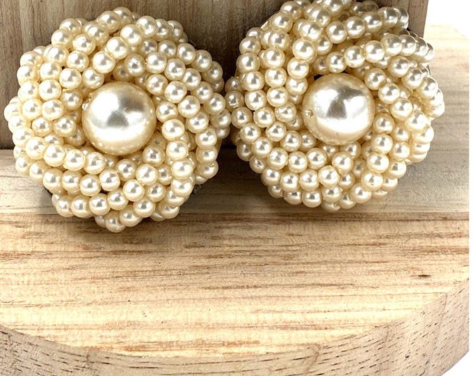Vintage Woven Seed Faux Pearl Cluster Clip On Earrings Large Center Cabochon