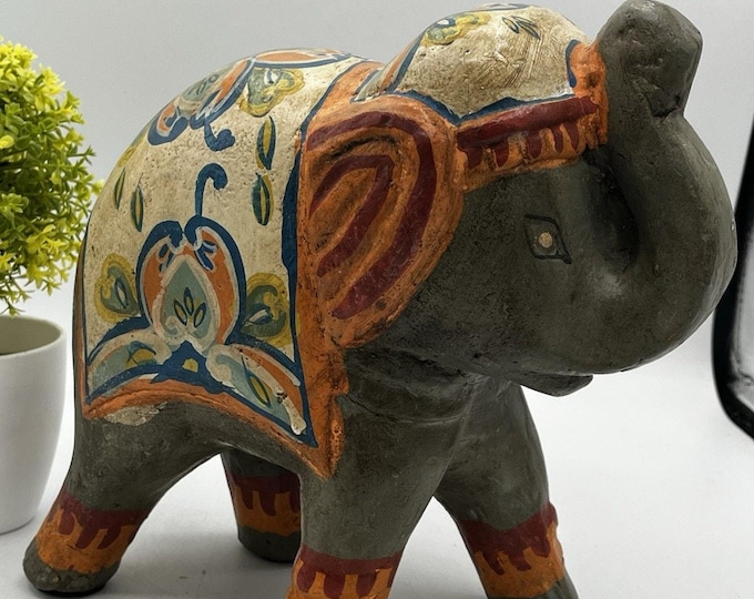 Vintage Indian Hand Painted Elephant Figurine Rajasthani Folk Art 8” Heavy