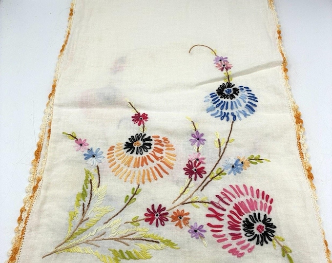 Hand Embroidered Floral Table Runner – 34" Crochet Edge Colorful Vintage Linen