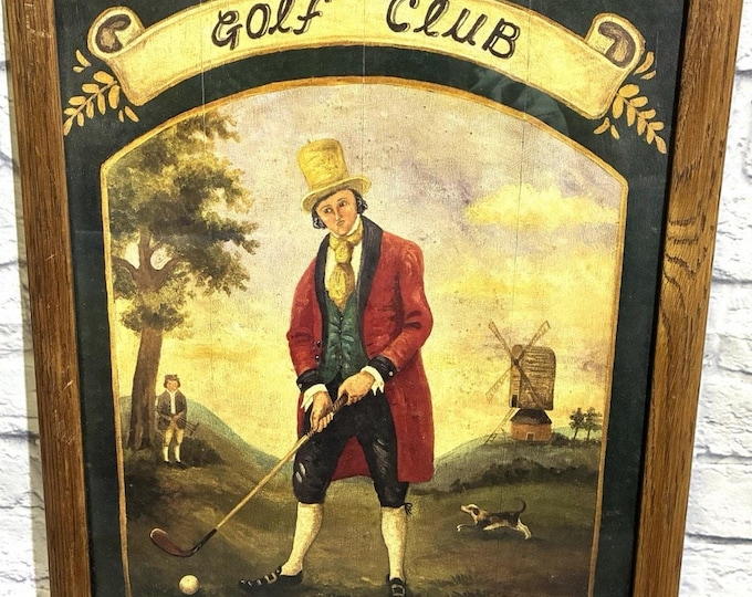 Vintage Mid Gordon Golf Club Framed Folk Art Print Golfer Windmill 18x22