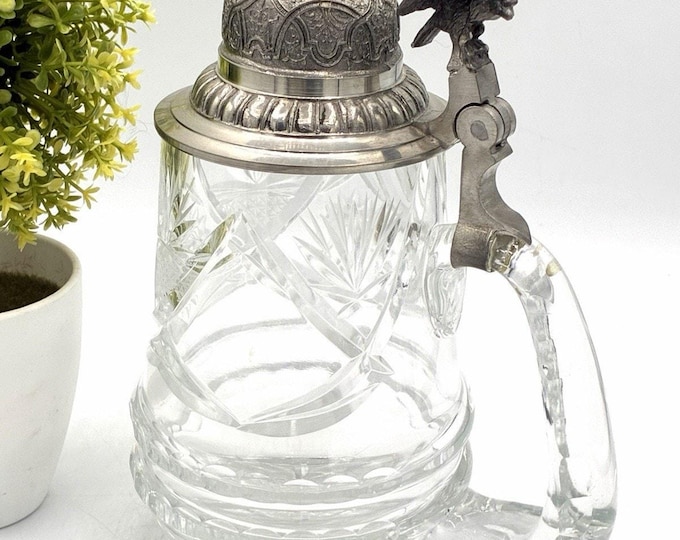 K Sumelka Cut Crystal Beer Stein 95% Pewter Eagle Lid Thumb Lift German Zinn
