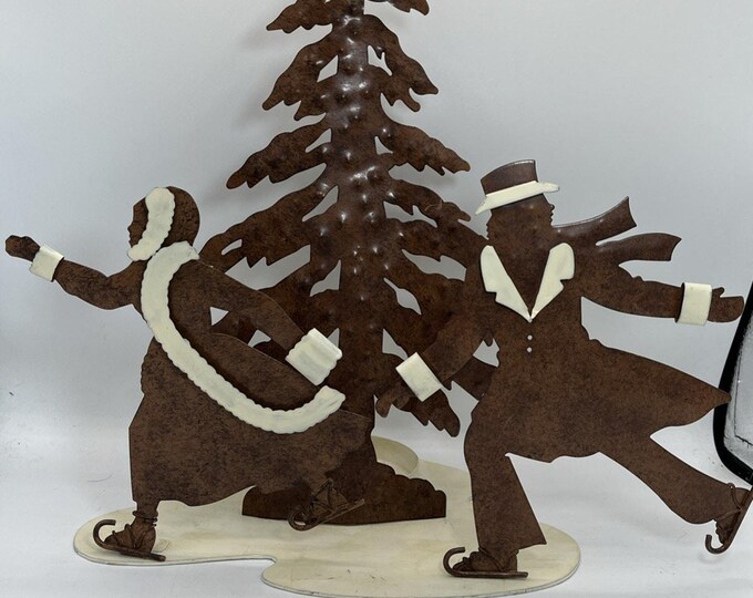 Vintage Metal Ice Skater Candle Holder 13 Inch Rustic Winter Scene Holiday Decor