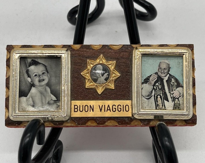 Vintage Italian Buon Viaggio Travel Blessing Plaque Pope Photo Catholic 4x1.5"