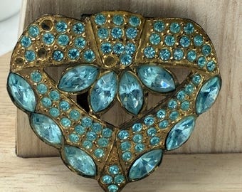Vintage 1930s Art Deco Pot Metal Aqua Blue Rhinestone Dress Clip Heart Floral