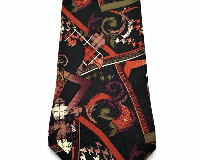 Vintage Mario Valentino Italian Silk Tie Abstract Geometric Burgundy Black
