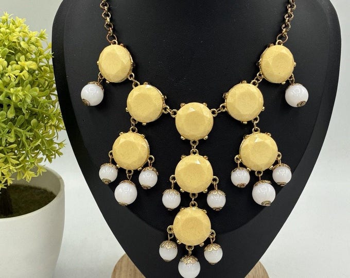 Statement Bib Necklace Gold Faceted Cabochon White Bead Drop Antique Gold Chain