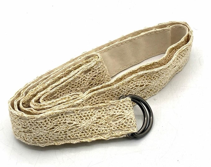 Size 14 Cream Gold Woven Fabric D Ring Belt Metallic Boho Waist Belt