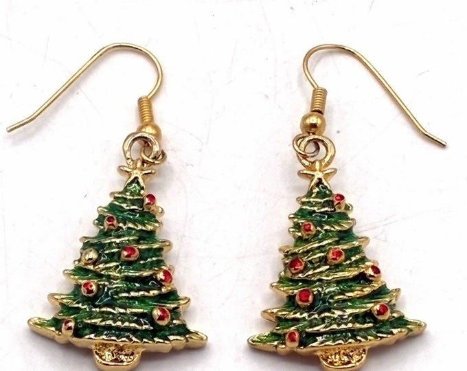 Christmas Tree Dangle Earrings Green Enamel Gold Tone Holiday Jewelry