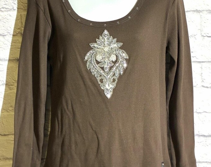 Cha Cha Vente XL Brown Embellished Beaded Sequin Rhinestone Long Sleeve Top NWT
