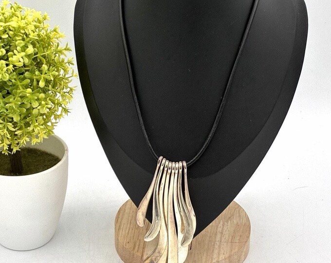 Chico’s Statement Necklace Silver Tone Cascade Pendant Black Cord Sculptural