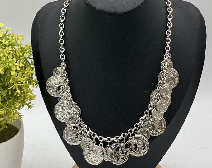 VCLM Coin Charm Necklace Silver Tone 14” French Republic Statement Jewelry