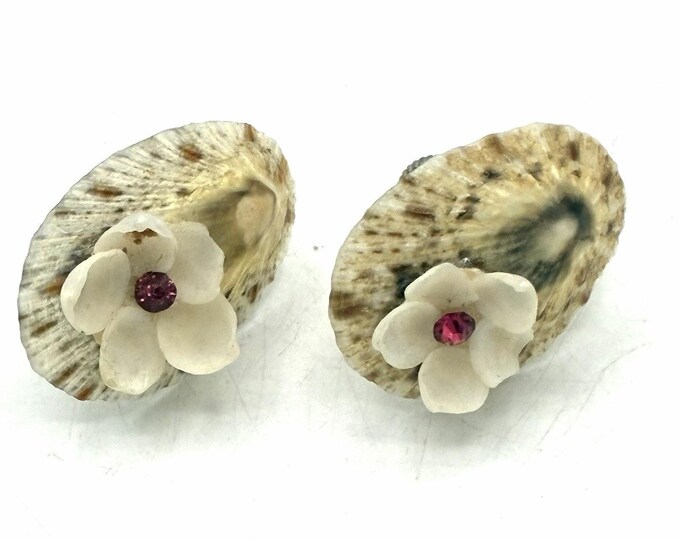Vintage Japan Shell Flower Rhinestone Screw Back Earrings 1 Inch