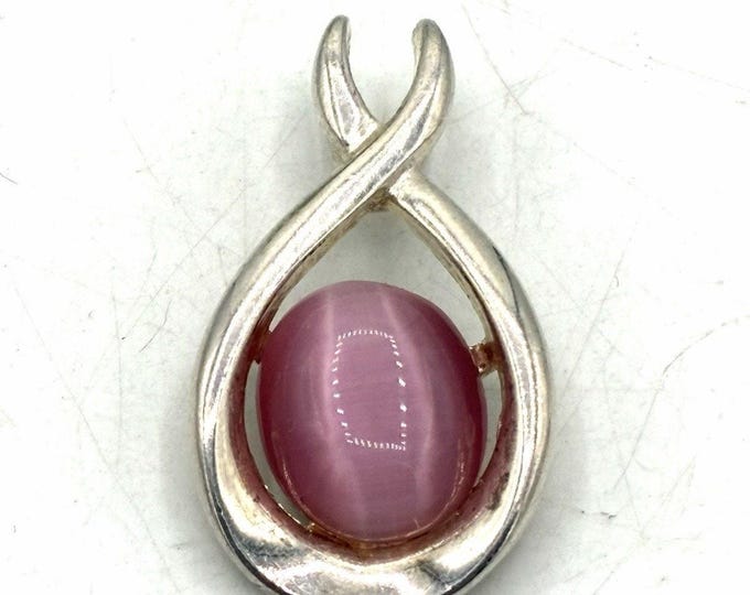 Vintage Silver Tone Pink Cats Eye Glass Pendant Modernist Necklace Charm
