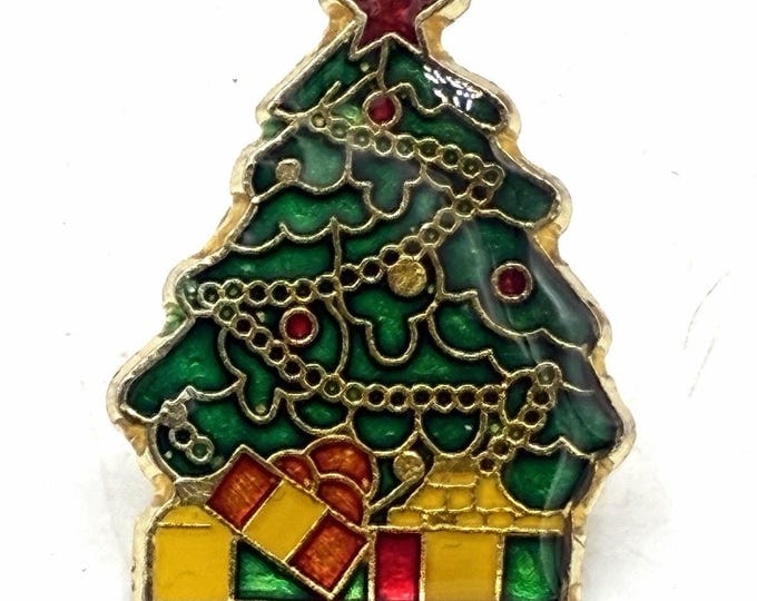 Vintage Enamel Christmas Tree Pin 1” Green Red Gifts Star Holiday Brooch