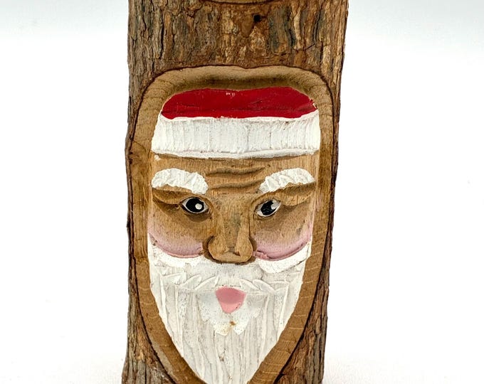 Hand Carved Wood Log Santa Claus Candle Holder Primitive Rustic Christmas Decor