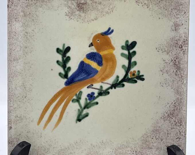 Vintage Polychrome Bird On Branch Tile, Denmark, 6”x6” in.