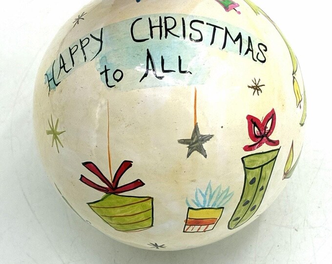 Vintage Hand Decorated Christmas Ball Ornament Merry Christmas Folk Art