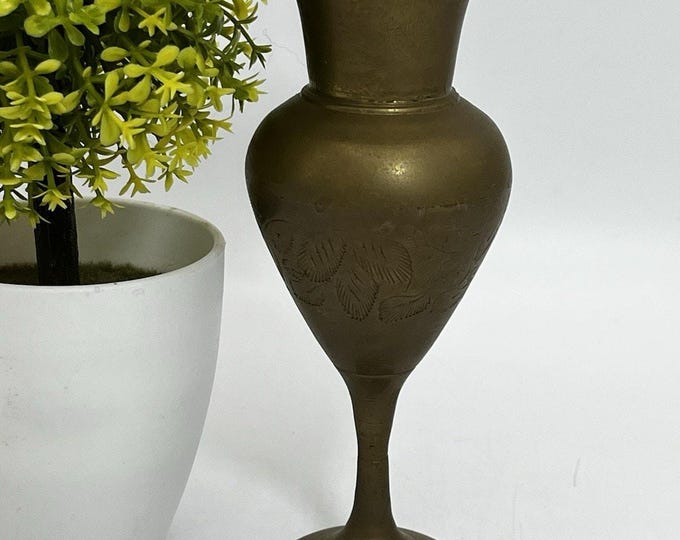 Vintage Solid Brass Etched Vase India 6” Small Boho Decor