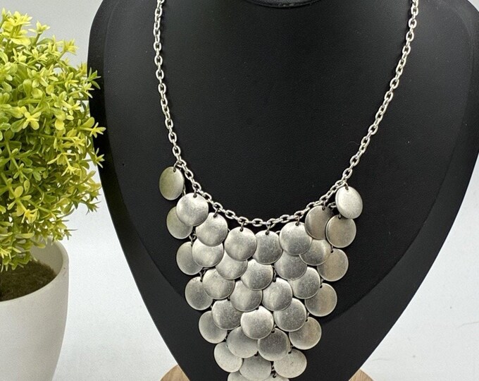 Silver Tone Disc Bib Necklace 16” Layered Coin Statement Boho Costume Jewelry