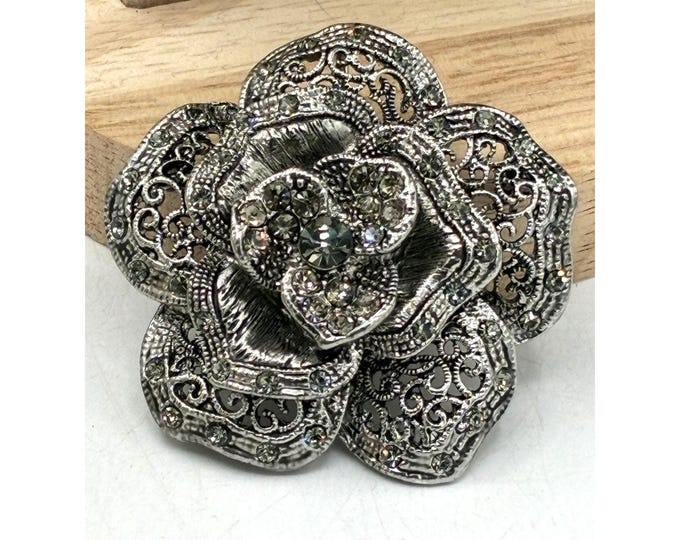 Vintage Silver Tone Filigree Rose Brooch Pendant Convertible Rhinestone Pave