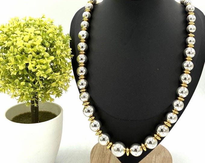 Liz Claiborne Vintage Graduated Ball Bead Necklace Gold Silver Tone 26"