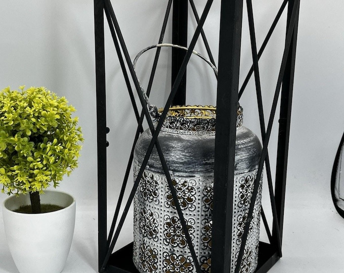 Farmhouse Pierced Metal Lantern Candle Holder Set Black Rustic Boxed Design