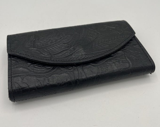 Western USA Black Leather Checkbook Organizer Wallet with Floral Tooling