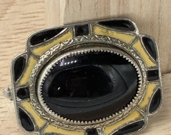 Vintage Art Deco Brooch Black Cabochon Yellow Black Enamel Silver Tone 1920s