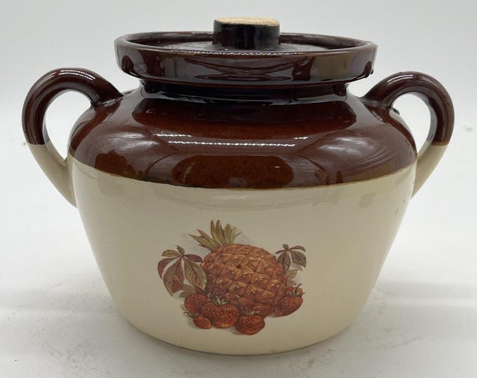 Vintage McCoy Pottery 342 Brown Tan Fruit Bean Pot Ovenproof Double Handle