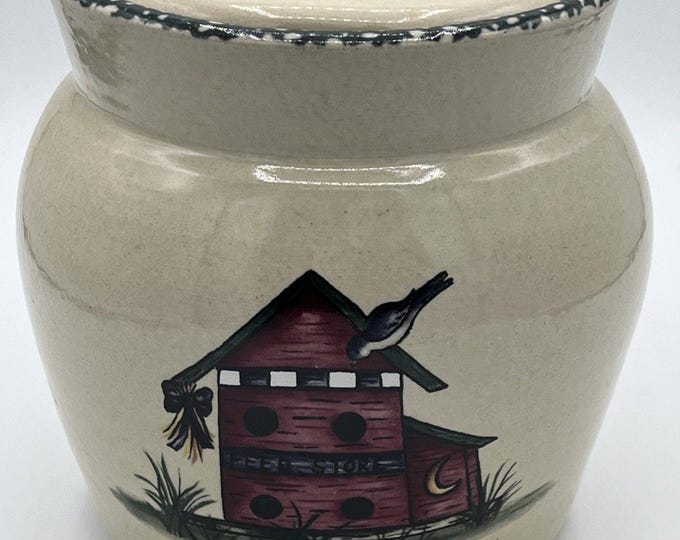 Vtg 99’ Home and Garden Party Stoneware 6.5" Canister Cookie Jar Bird Houses